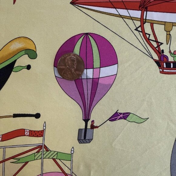 HERMES Vintage Les Folies du Ciel Yellow 90 cm Silk Square Scarf Box Good RARE - Picture 11 of 16